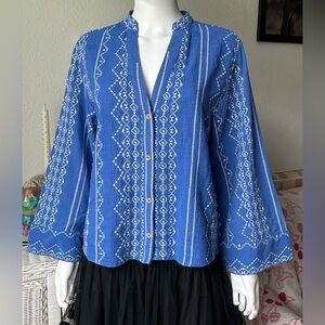 Zara Blouse Low Cut Embroidered Boho Bell Sleeves Cotton in Blue & White Size M